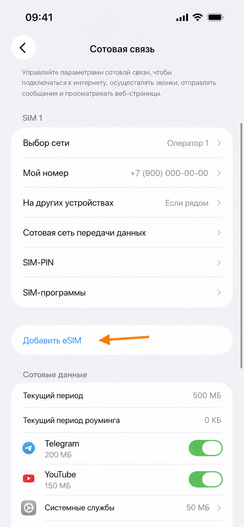 Пункт «Добавить eSIM» в настройках сотовой связи