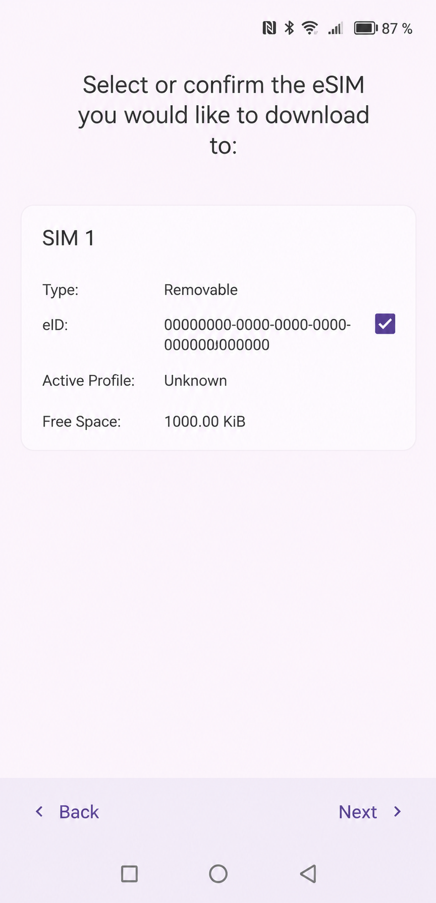 Шаг 2. Выбор eSIM-чипа для загрузки: SIM 1, тип Removable — это и есть TravelSim Ultra.